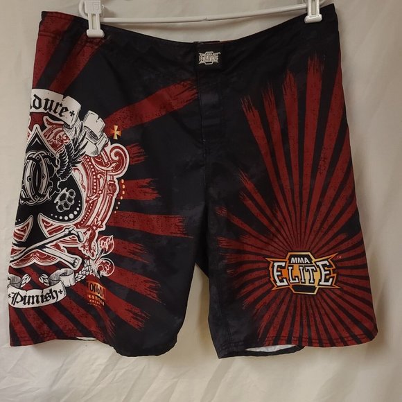 MMA Elite Mens XL Red Black Spade Wing Bone Fighter Trainers Shorts 11in Inseam - Picture 5 of 12